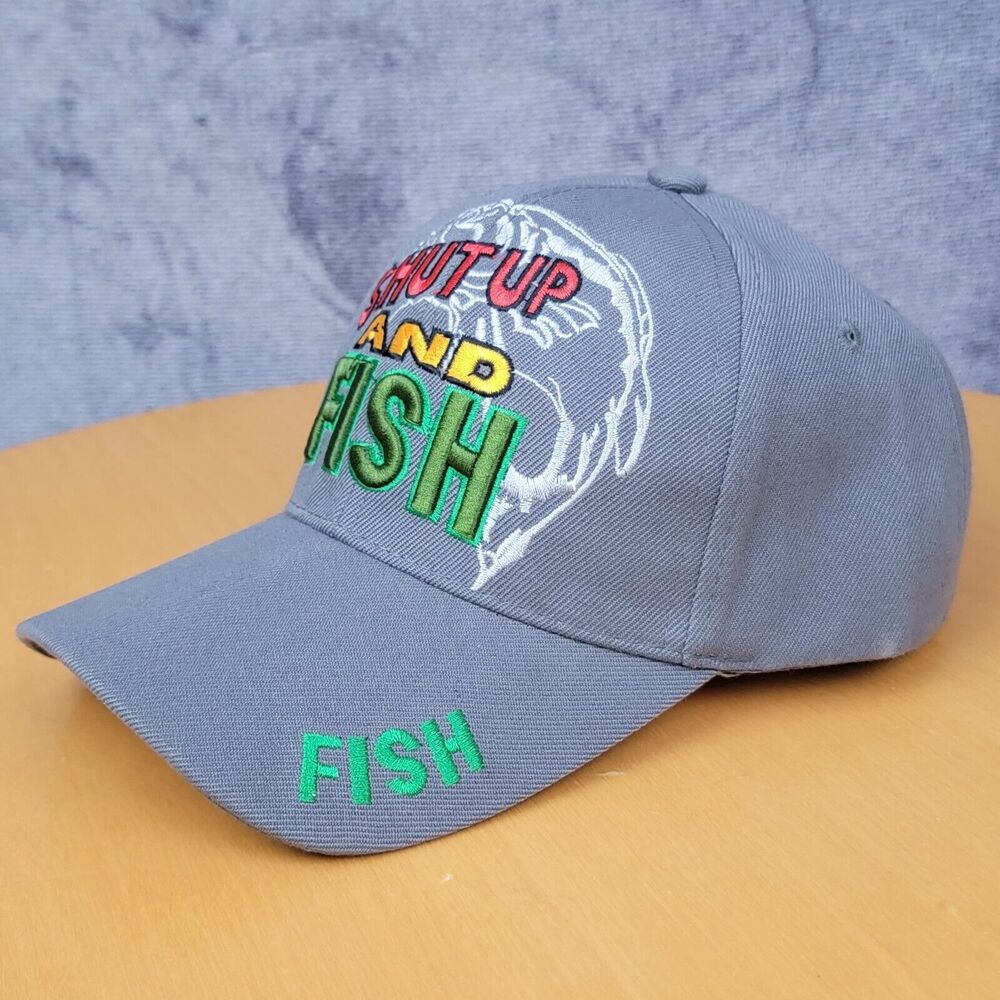 Embroidered Shut Up & Fish Fishing Hat Gray Adjustable Hook & Loop Trucker Cap